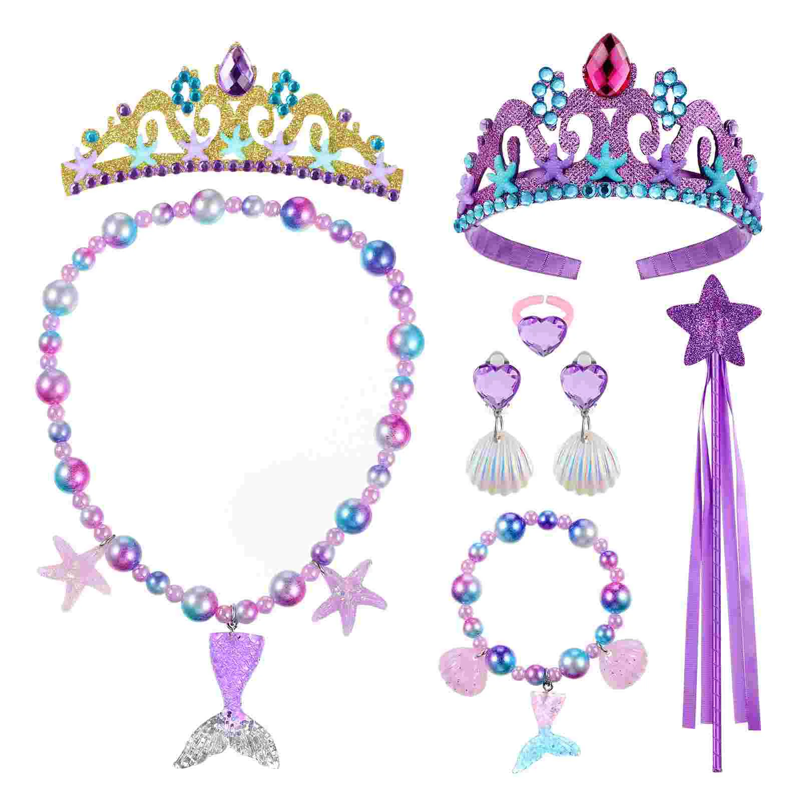 

Children's Crown Set Girls Earrings Mermaid Necklace Wand Bracelet Kids Dress Up Jewelries Ocean Theme Plastic