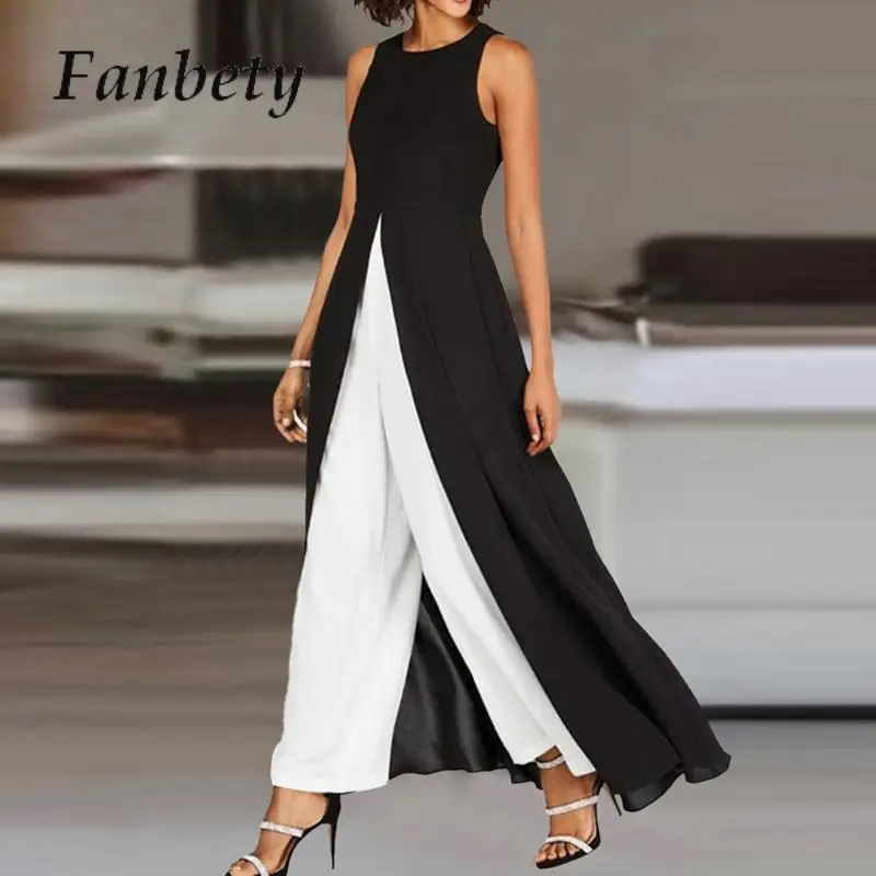 

2023 Vintage Slim Commute Trousers Rompers Casual O-Neck Sleeveless Ladies Jumpsuits Fashion Patchwork New Slit Women Jumpsuit