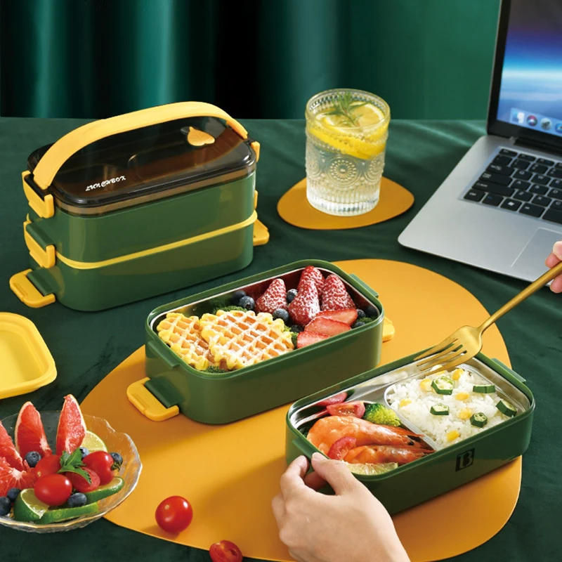 

304 Stainless Steel Multi-Layer Insulated Canteen, Rectangular Portable Sealed Students Double-Layer Compartments Lunch Box