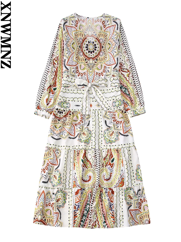 

XNWMNZ 2022 женское модное платье с поясом с принтом гофрированное миди платье праздничный стиль V-образный вырез с длинным рукавом женские плат...