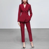 coral burgundy black causal pant suits 2 piece sets with blazer and pants belt decoration double layers