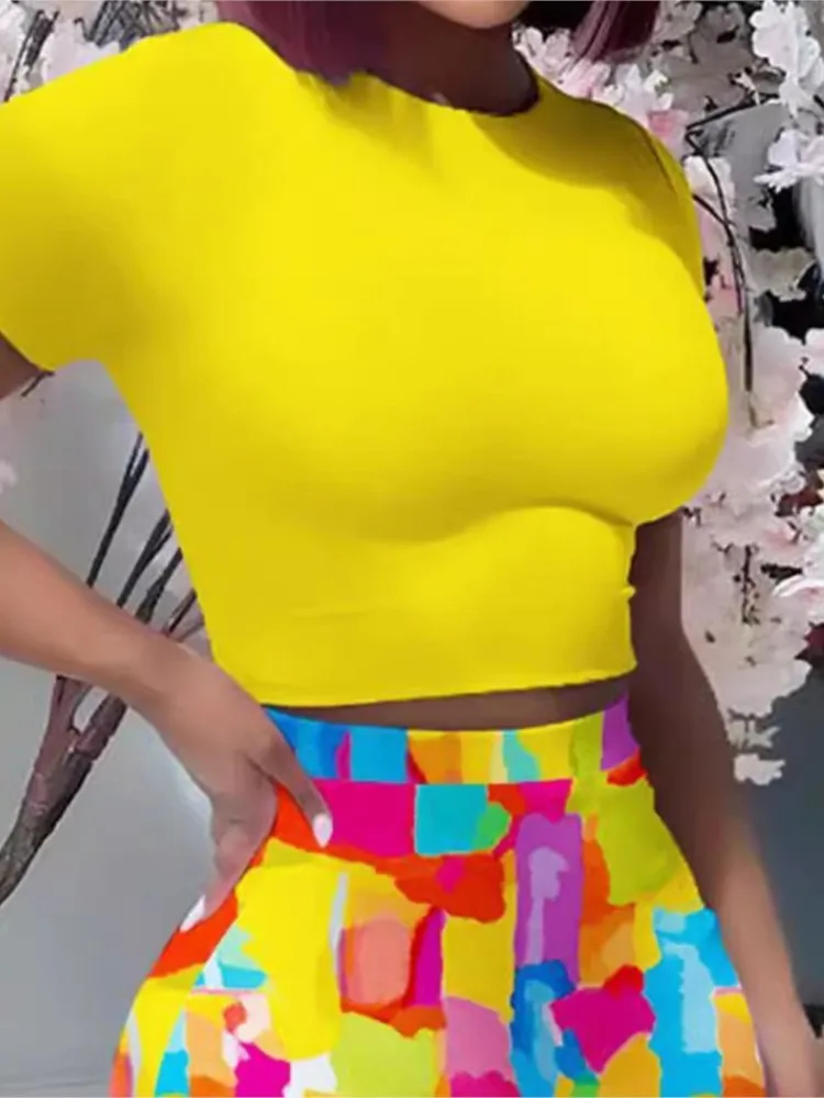 Женский костюм с открытым пупком модная футболка круглым вырезом и короткими