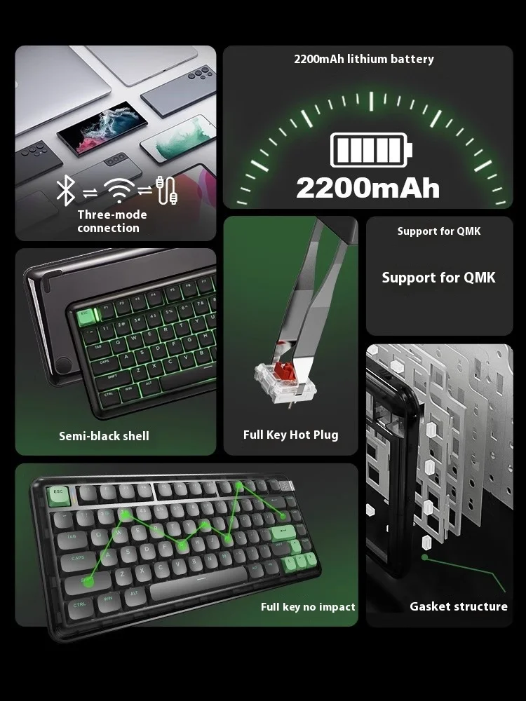 Yun Adri L75 Низкопрофильная клавиатура с переключателем трехрежимная беспроводная