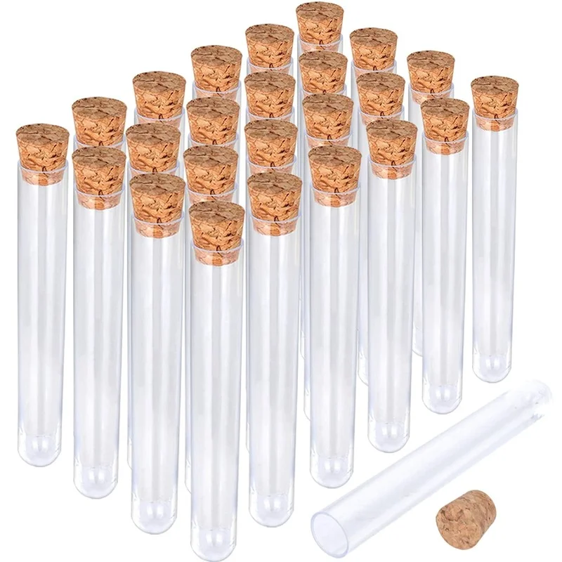 

25Pcs Clear Plastic Test Tubes withCork Stoppers15x100mm 10ml Good Seal for Powder Spice Liquid Storage, Lab Use /Decoration
