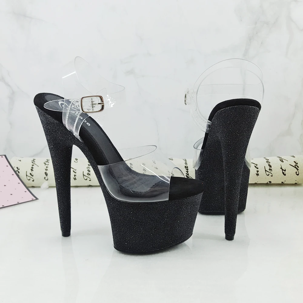 Leecabe black glitter 17CM/7Inch Women's Platform Sandals  party High Heels Shoes Pole Dancing Shoes