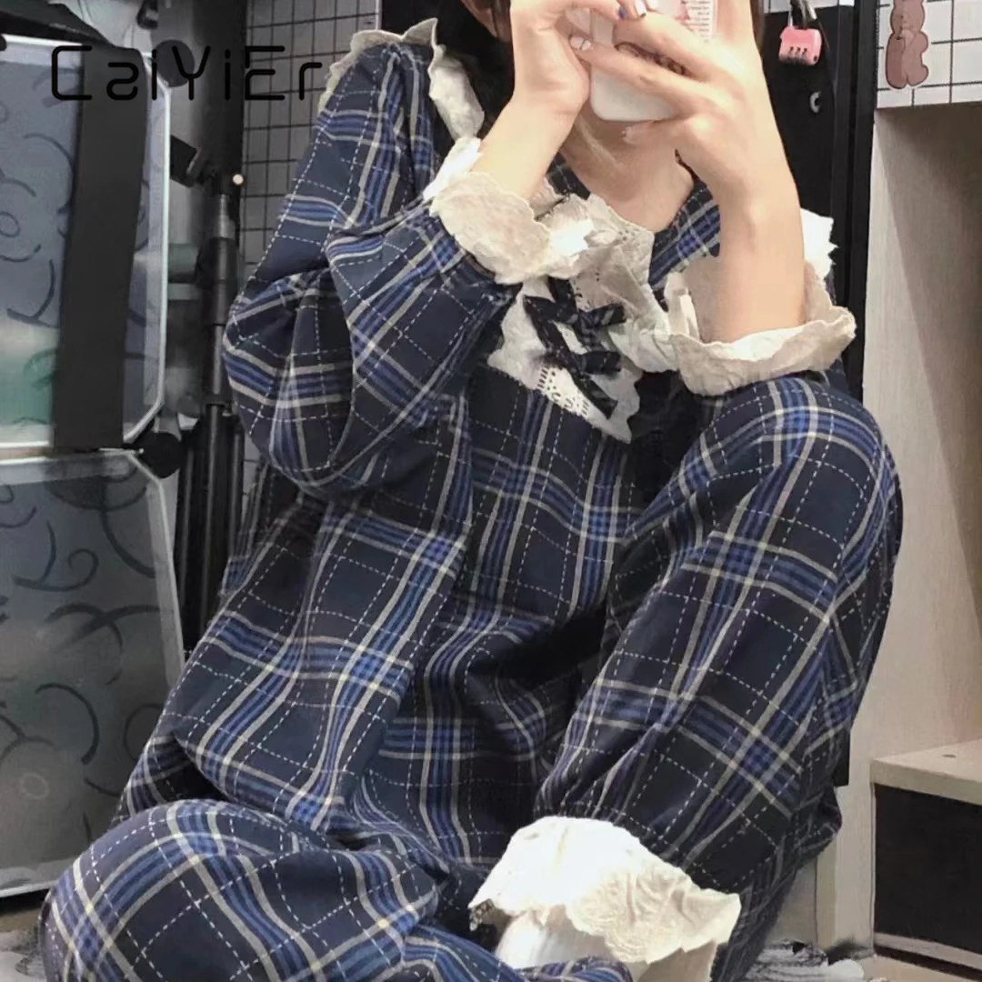 CAIYIER Korean Blue Grid Sweet Nightwear Ruffles Long Sleeve Trousers Winter Pajamas Set Elastic Waist Women Casual Homewear