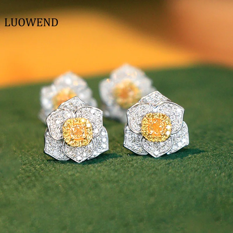 

LUOWEND 100% Real 18K White Gold Stud Earrings Yellow Diamond Earring Wedding Party Jewelry Customize Earl Flower Shape Design