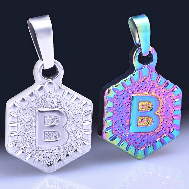 Купи 1PCS Hexagon English Initial Letter Rainbow Charm Punk 26 Alphabet Stainless Steel Pendants diy Jewelry Making Necklace Material за 88 рублей в магазине AliExpress