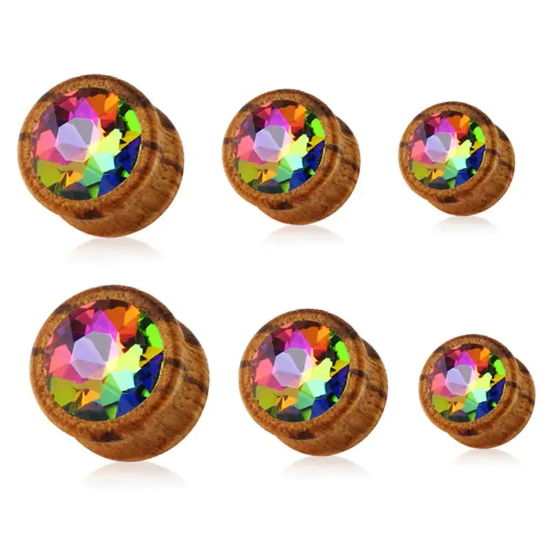 

Деревянные ушные туннели высокого качества Радуга Хрустальный пирсинг вилки и туннели серьги Гаги расширители ювелирные изделия для тела оптовая продажа