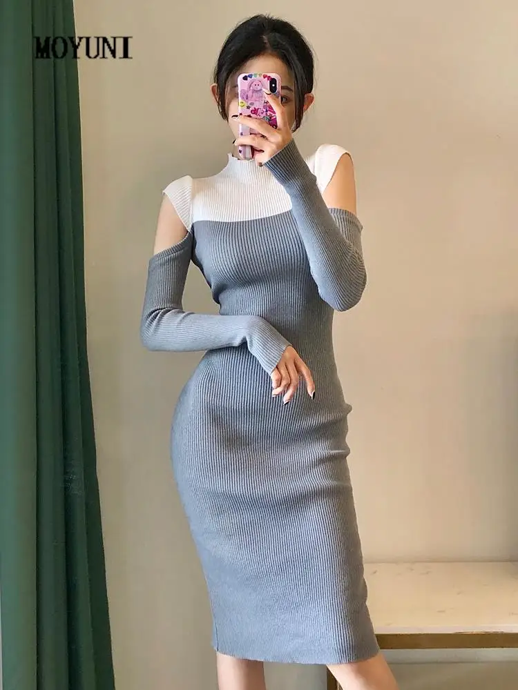 

Sexy Vintage Contrast Off The Shoulder Half Turtleneck Women Knitted Dress Bodycon 2022 Vestido Long Y2k Dress Clothes Grey