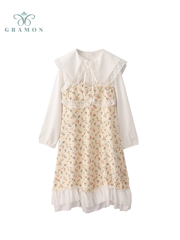 

Women White Long Sleeve Crop Top Lace Up Blouse + Elegant A Line Halter Dress Casual Suit 2022 Autumn French Style Two Piece Set