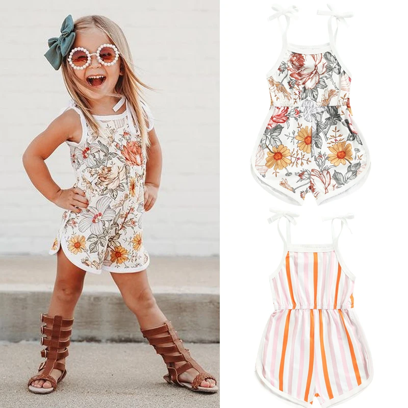 

0-3Y Baby Girl's Romper Flower/Stripe Printed Sleeveless Tie-Up Shoulder Strap Sling Playsuit Jumpsuits Clothing