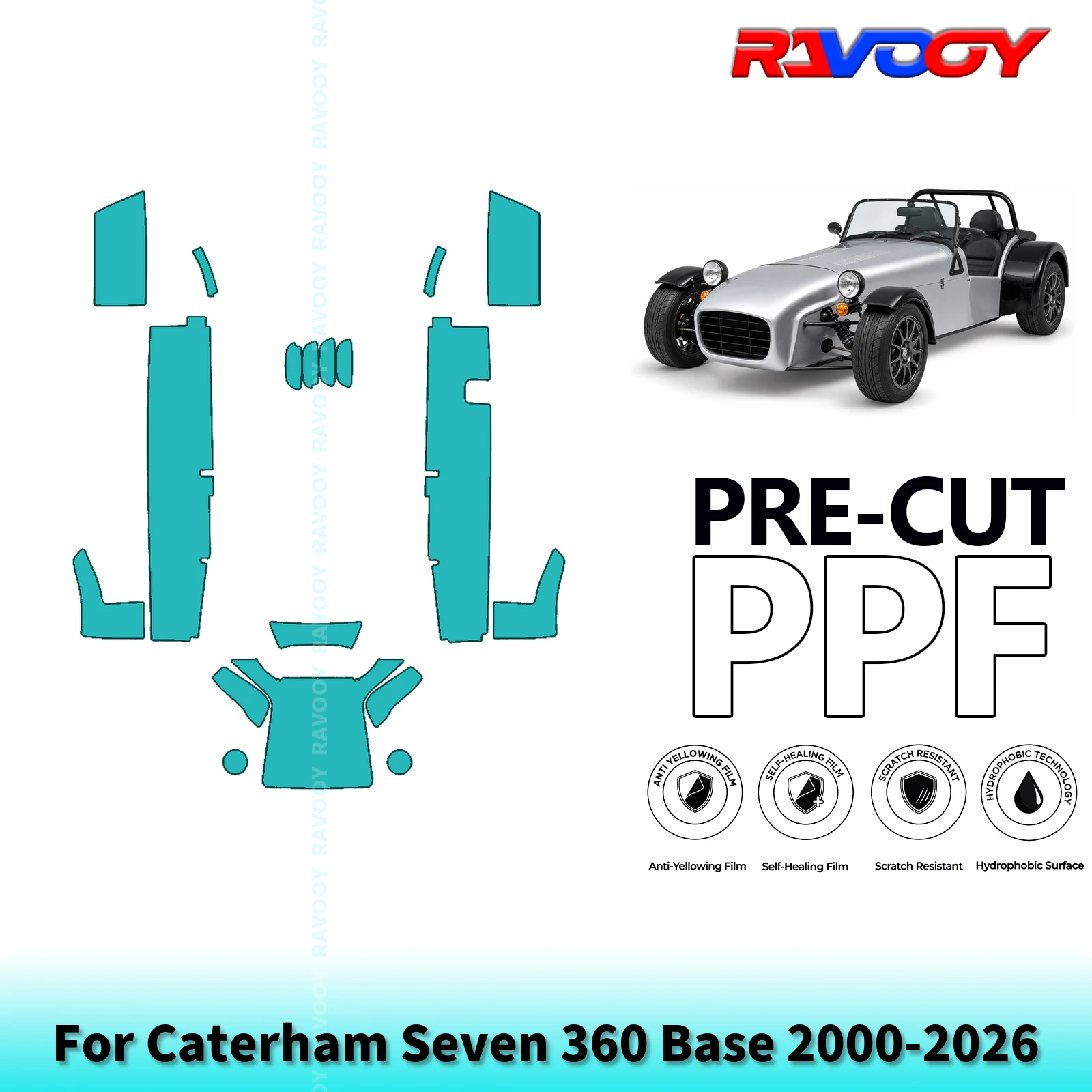 Фото Для Caterham Seven 360 Base 2000-2026: Полный комплект защитной пленки для передней части и боковых юбок, предварительно вырезанной для покраски (PPF Clear Bra Kit). |   Прозрачный/Матовый/Чёрный №1