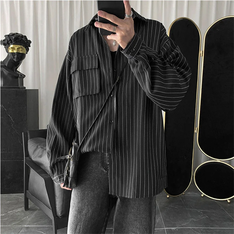 Black Unisex Gothic Long Sleeve Shirt Autumn Top Striped Shirt Jacket Men's Ladies Hong Kong Style Japanese Casual Trend
