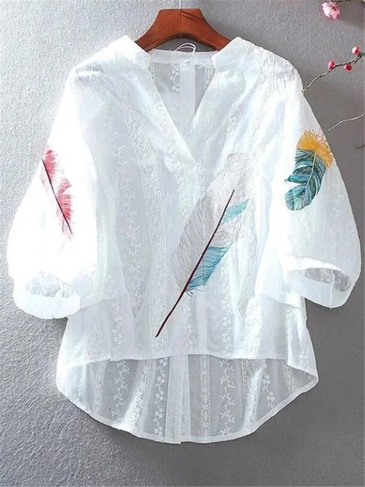

Блузка женская хлопковая с кружевом, Свободный Топ с цветочной вышивкой, тонкая рубашка с V-образным вырезом и рукавами-фонариками, на лето