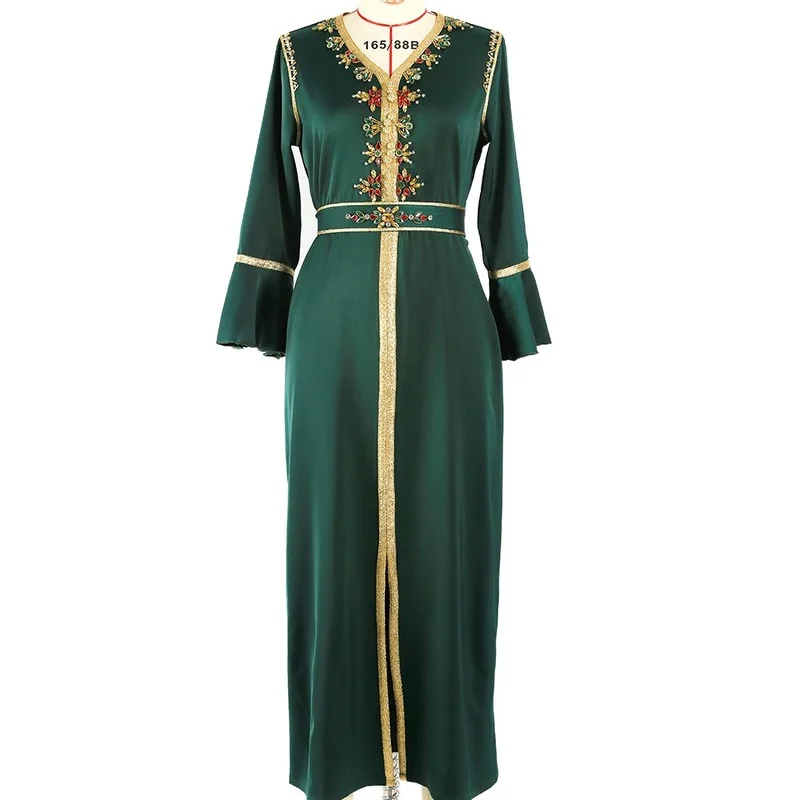 Rhinestone Kaftan Women Moroccan Party Caftan Flounce Sleeve Belted Satin Long Dress Muslim Dubai  Abaya Wedding Evening Ramadan