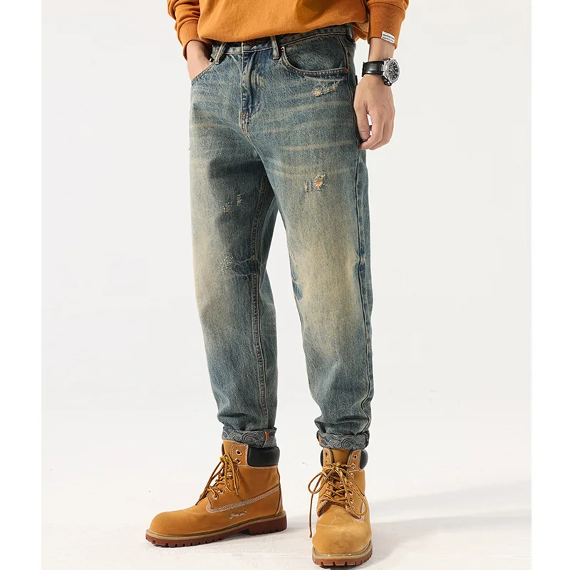 Men Clothing 2022 New Pattern Recreational Vintage Nostalgia Blue Jeans Straight Cylinder Loose Street Trousers Autumn Female