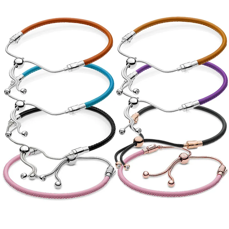 

Multicolor Leather String Of Beads Sliding Clasp Adjustable Bracelet Fit Fashion 925 Sterling Silver Bead Charm DIY Jewelry