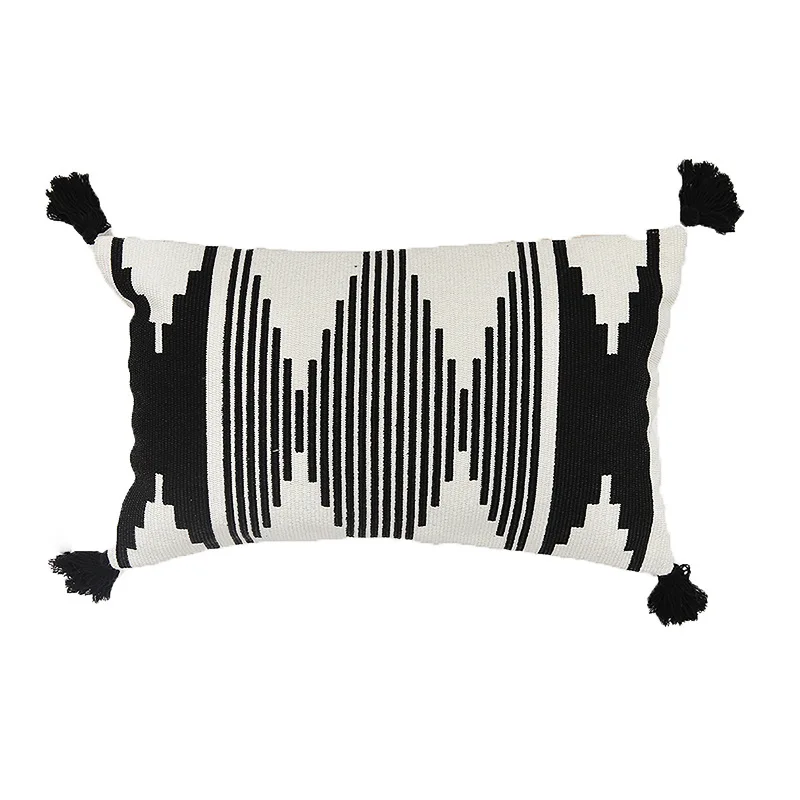 

Black Micheng Couch Pillow European Style Printing Crafts Four-Corner Tassel Lumbar Cushion Cover Office Lumbar Support Pillow