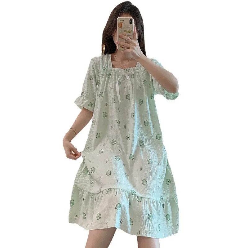 Женская ночная рубашка с квадратным вырезом и бантом летняя тонкая мягкая