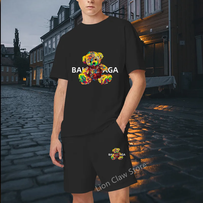 Summer Man Sets Fashion Tracksuit For Women Cotton T-shirt Luxury Brand Tee 2023 Bear Graphic Print Tshirt + Shorts 2 Piece Set