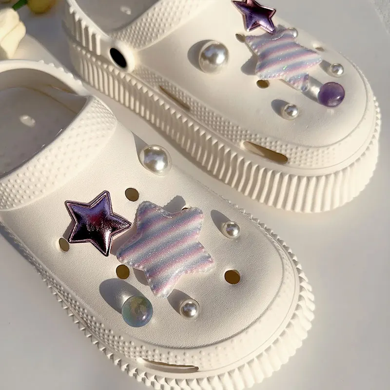 Romantic Pearls Stripe Stars Shoes Charms Vintage Purple Starry Sky Shoe Clogs Accessories Cute Adornment Y2K Jewelry Wholesale