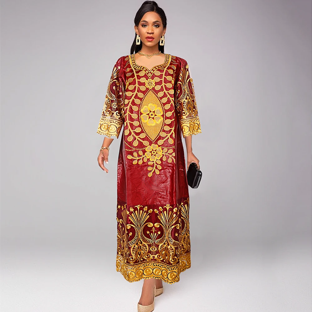 

H&D African Clothes For Women Traditional Embroidery Dresses Bazin Riche Maxi Dress Women Nigerian Red Party Wedding occasion