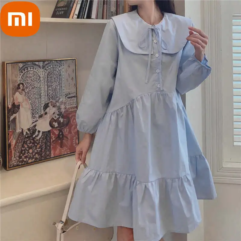 

Xiaomi Elegant Casual Short Dress Women Kawaii Preppy Style Long Sleeve Dress Sailor Collar 2022 Spring Streetwear Vintage Robe