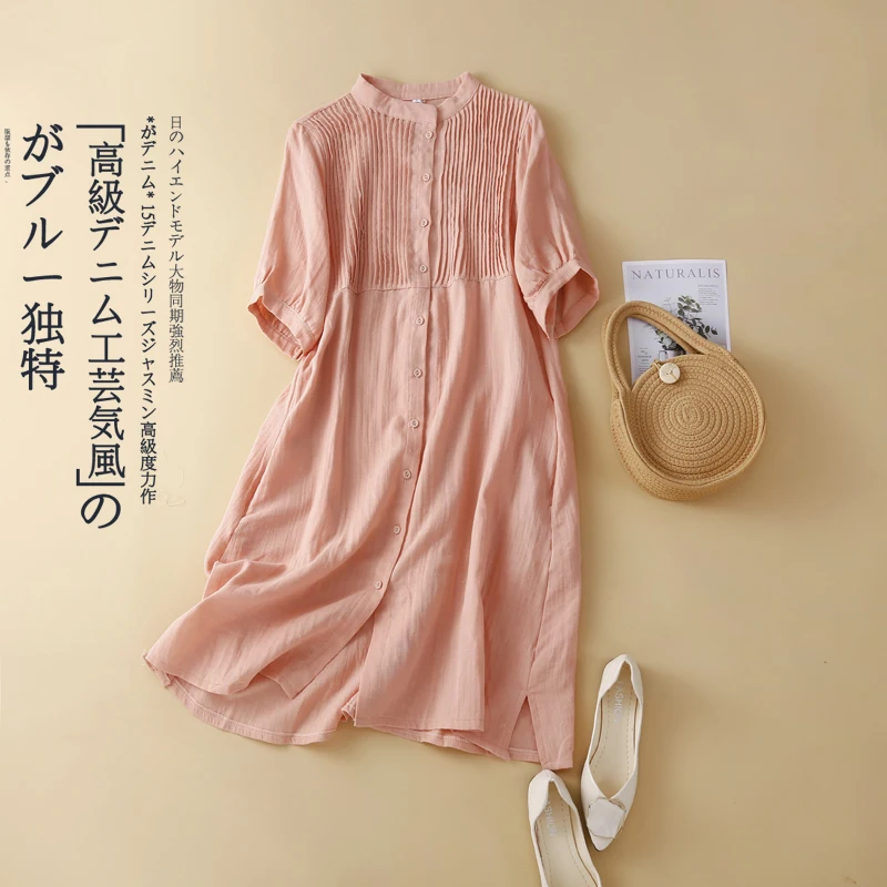 

Женское платье из хлопка и льна, однотонное офисное платье с коротким рукавом, модель X7899 на лето, 2023