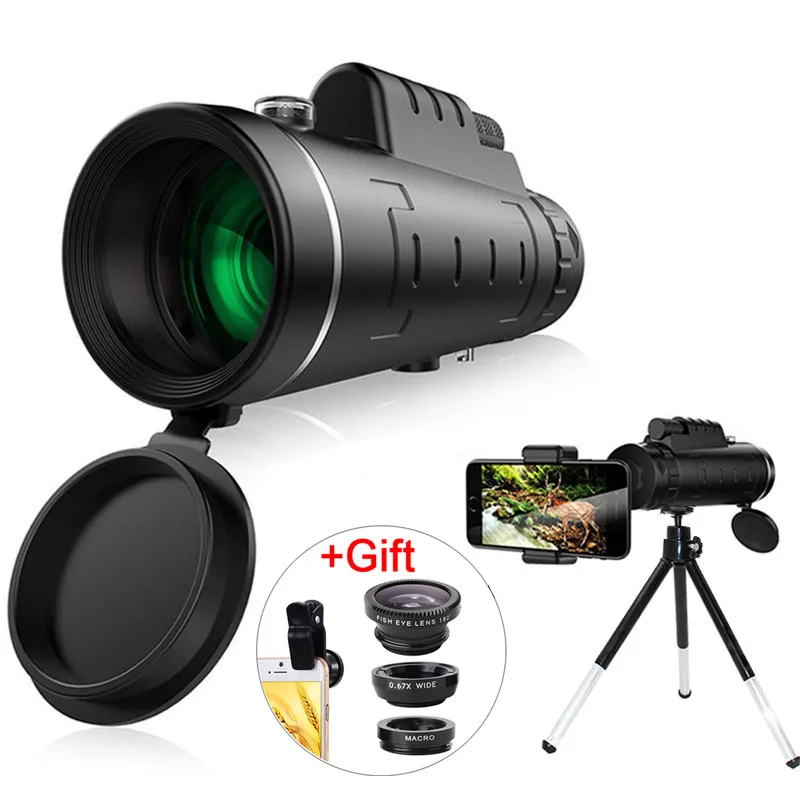

Fish eye + 40X60 Telescope Zoom Lens Monocular Mobile Phone Camera Lens for iPhone Samsung Smartphones Wide Angle for Camping