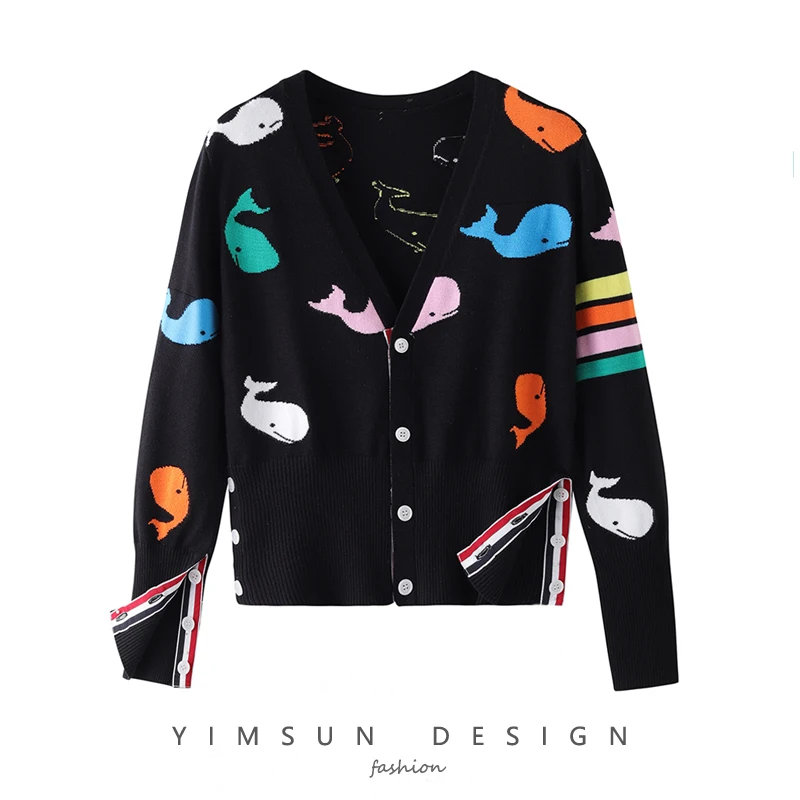 2021 autumn new TBB small whale intarsia knit sweater cardigan female color jacquard pattern V-neck jacket for men and women