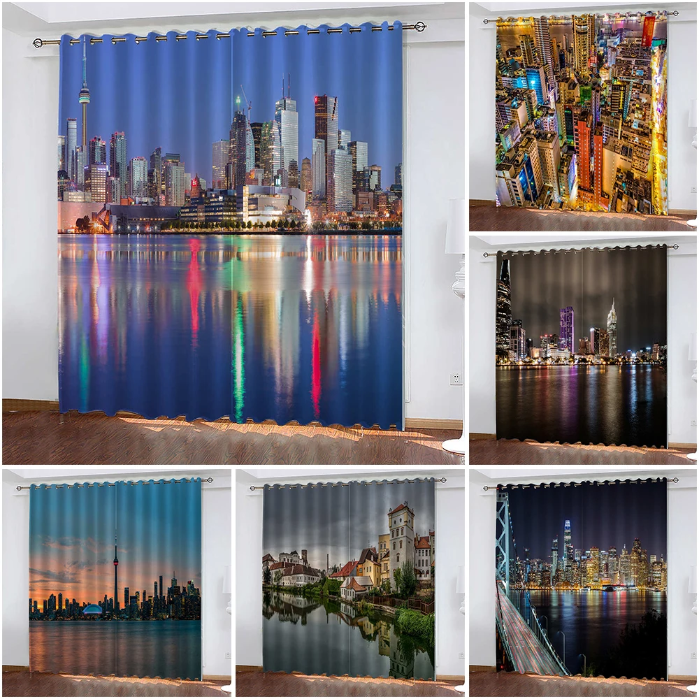 

Building Scenery 3D Printing Curtains Woven Blackout Curtains Biparting Open Urban Curtains for Living Room Cortina De Sombra