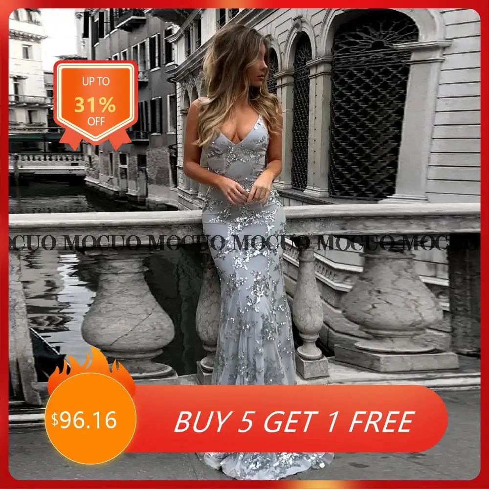 

Sexy Deep V-Neck Tulle Evening Dress for Women Sparkle Lace-up Backless Cocktail Party Gowns Floor Length robes de soirée