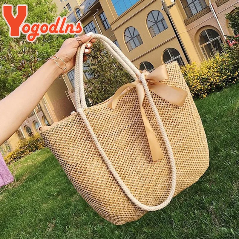 

Summer Bow Decors Straw Bag For Women Large Capacity Shoulder Bag Rattan Handmade Beach Bag Casual Shopping Tote Bag