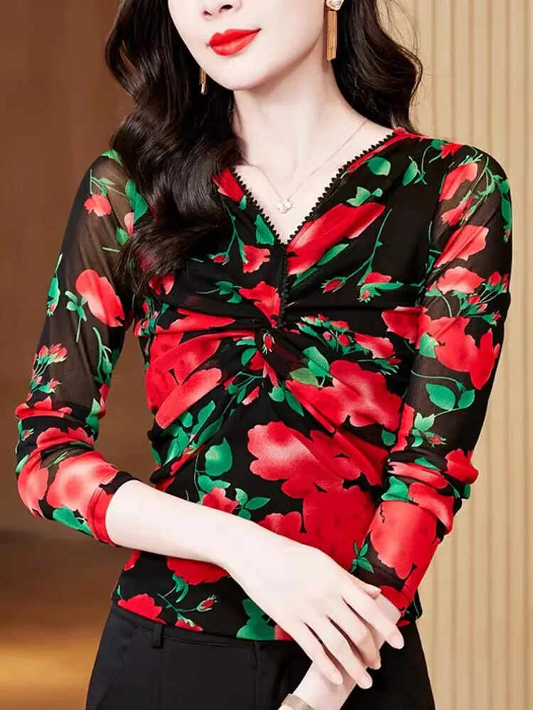 Женская футболка с длинным рукавом и V-образным вырезом