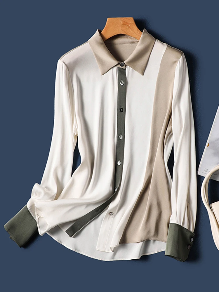 

Elegant Mulberry Silk Office Blouse Fashion Three-color Patchwork Button Up Silk Shirt WomenLady Long SleeveTops Clothes 25253