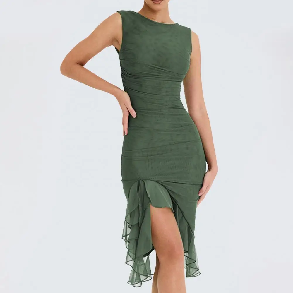 

Elegant Ruffle Ruched Midi Dress For Women Robe Summer New Backless Sleeveless Irregular Club Party Sexy Dress Vestido