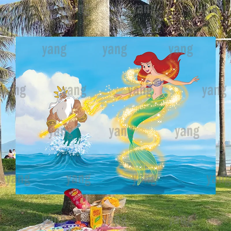 

Magic Disney Little Mermaid Ariel Girls Princess Golden Weapon Backdrop Blue Sea Background Cute Baby Birthday Party Decoration