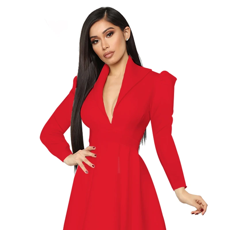 

Remelon Fall Solid Color Long Sleeve V-Neck A-Line Long Dress Elegant Sexy Irregular Nightclub Long Dress For Women