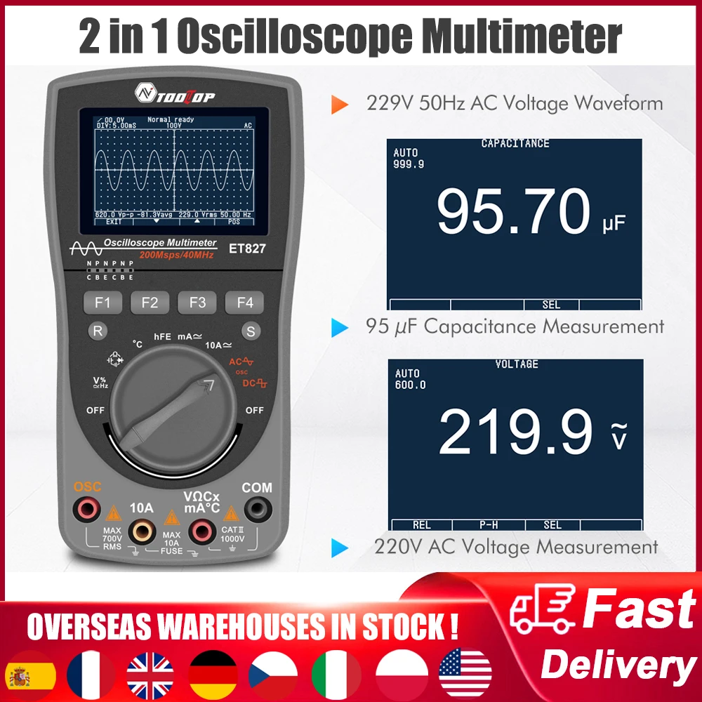 

ET827 2 in 1 Oscilloscope Multimeter 40Mhz 200MSps Innovative AI Waveform Preview for DIY Electronic Test Handheld Oscilloscopes
