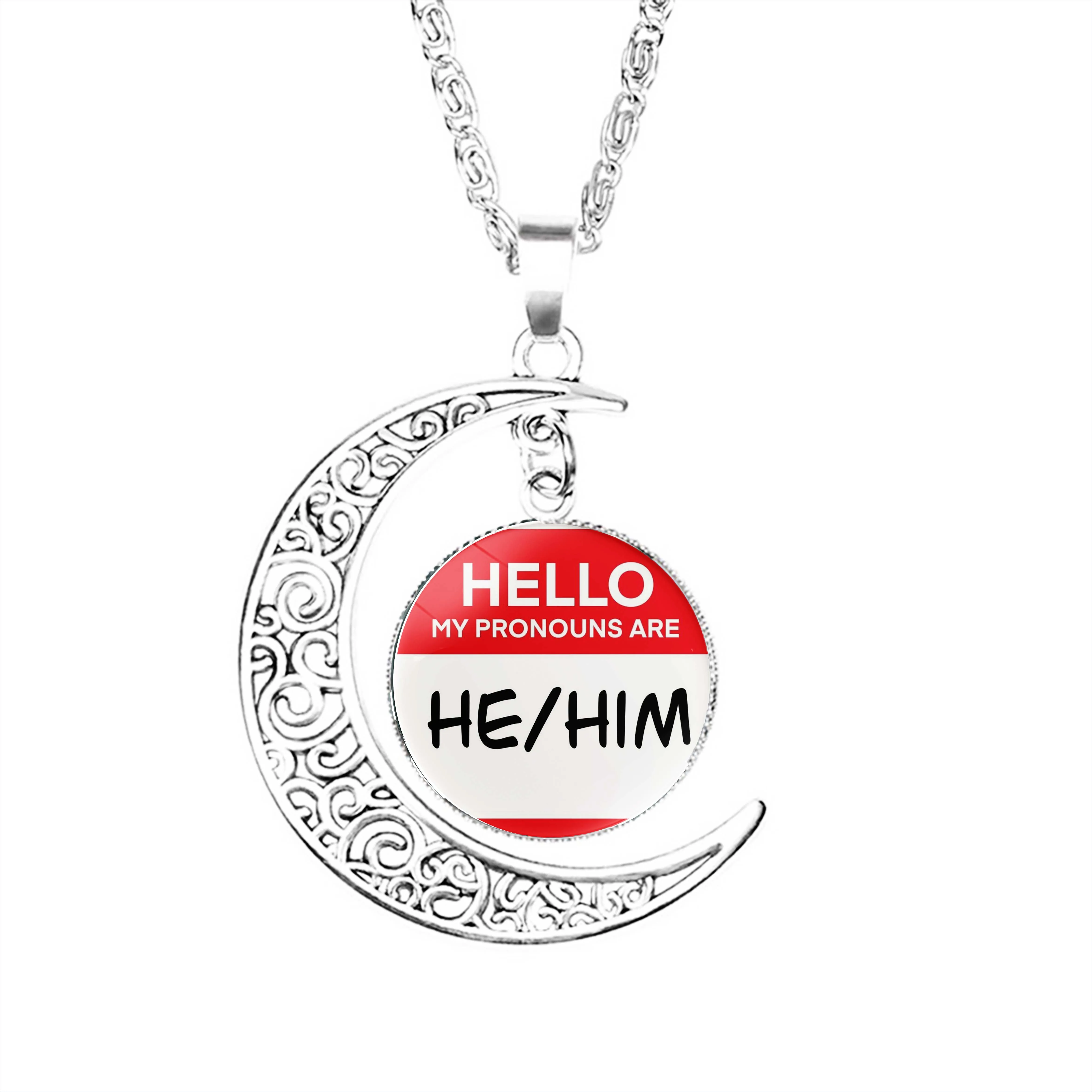

He Him Pronouns Tag Moon Necklace Women Gifts Jewelry Dome Boy Lovers Lady Pendant Glass Crescent Charm Accessories Party