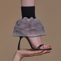 new arrival special skirt hemline embellished open toe high heel sandals designer sheepskin mesh elastic round head black shoes