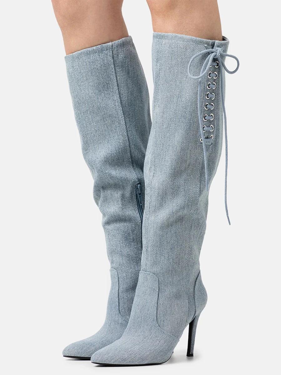 

Джинсовые сапоги до колена со шнуровкой, боковые ремешки, заостренный носок, на шпильке, на молнии, резиновая обувь для всех сезонов, крутая обувь в стиле панк для девушек