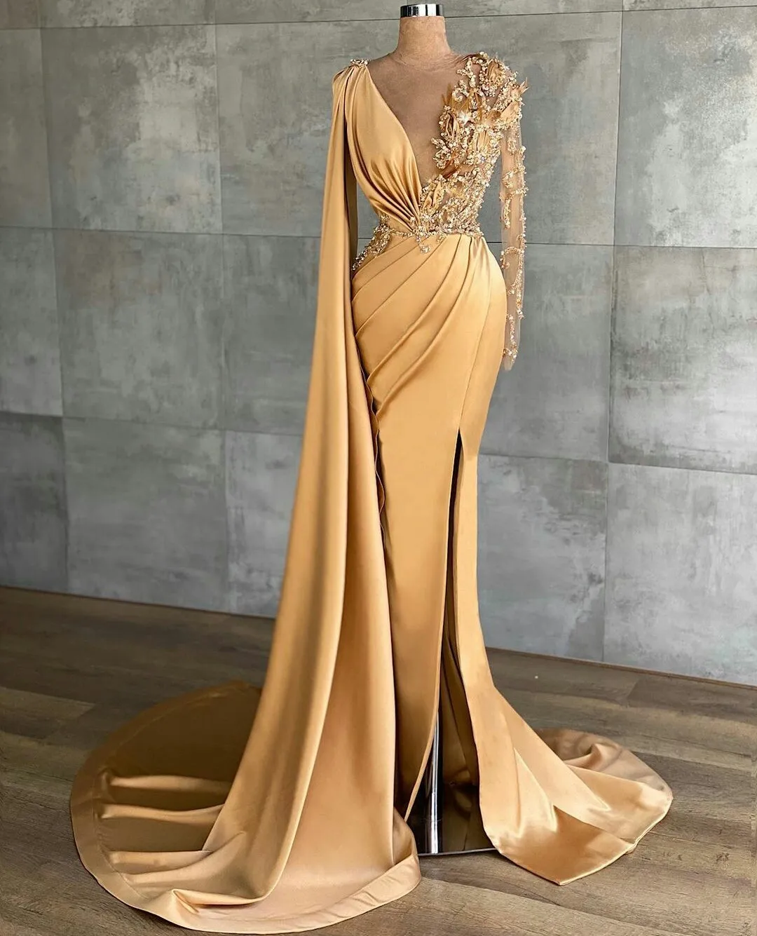BridalAffair 2022 Gold Mermaid V Neck Lace Applique Long Sleeve Prom Dress Beaded Black Girl African Evening Gown robe de soirée