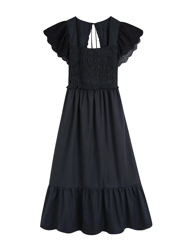

Cutwork Embroidery Short Sleeve Summer Dress Women Square Neck Smocked Cotton Midi Dress Frill Trim Backless Party Black Dress