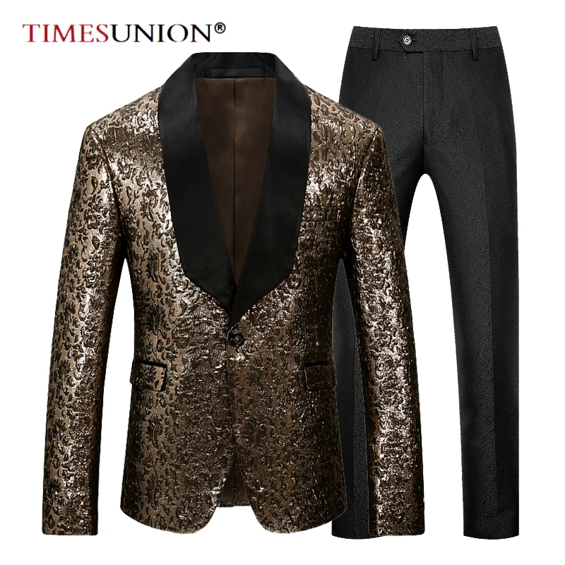 Роскошные блестящие золотые мужские костюмы свадебные для мужчин шаль лацкан 2