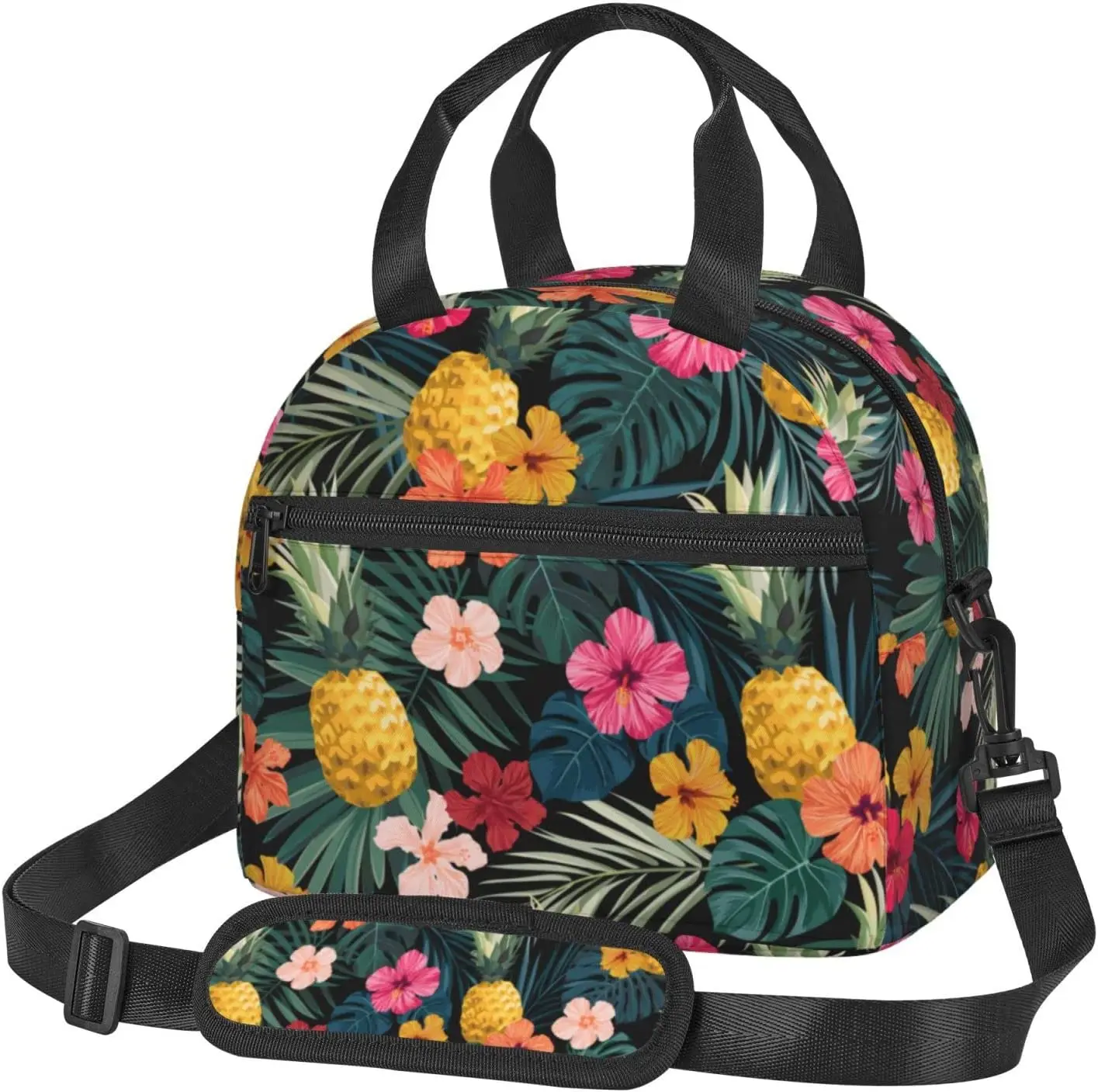 

Palm Leaves Hibiscus Flowers Lunch Bag Tropical Pineapples Fruit Reusable Insulated Lunch Tote Bag Lunchbox Container School