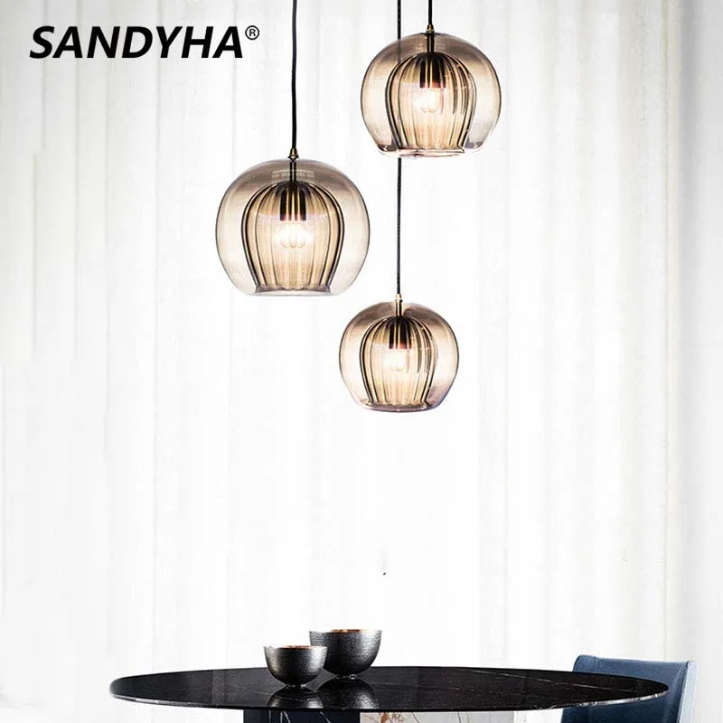 SANDYHA Modern Simple Restaurant Chandelier Creative Design Glass Led Lamp for Bedroom Bedside Dining Room Pendant Light Fixture