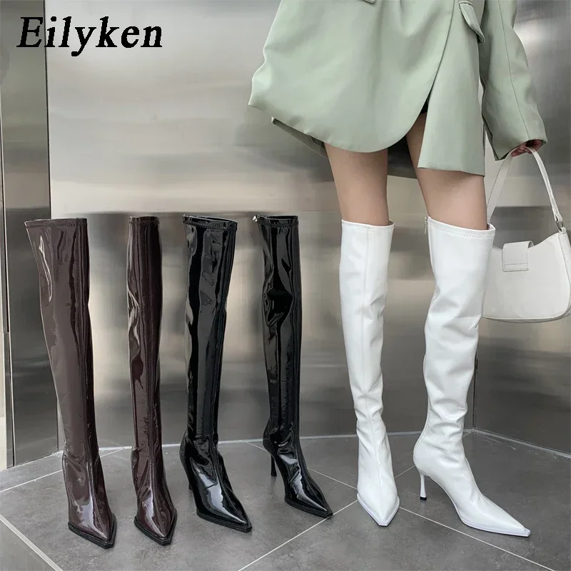 Женские сапоги выше колена из лакированной кожи с острым носком на молнии