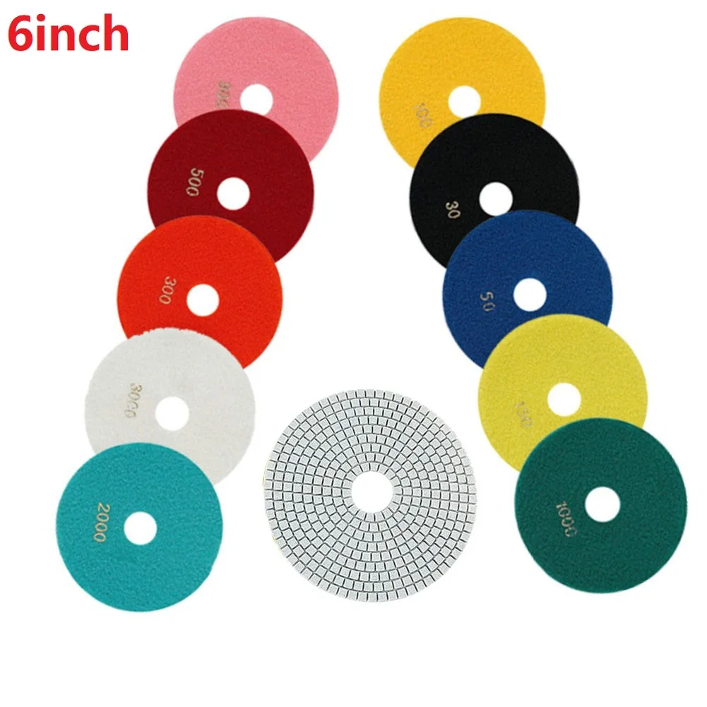 

6 inch 150mm 30/50/100/150/300/500/800/1000/2000/3000 Grit Polishing Pads Kit Wet Dry Concrete Marble Polishing Grinding Discs